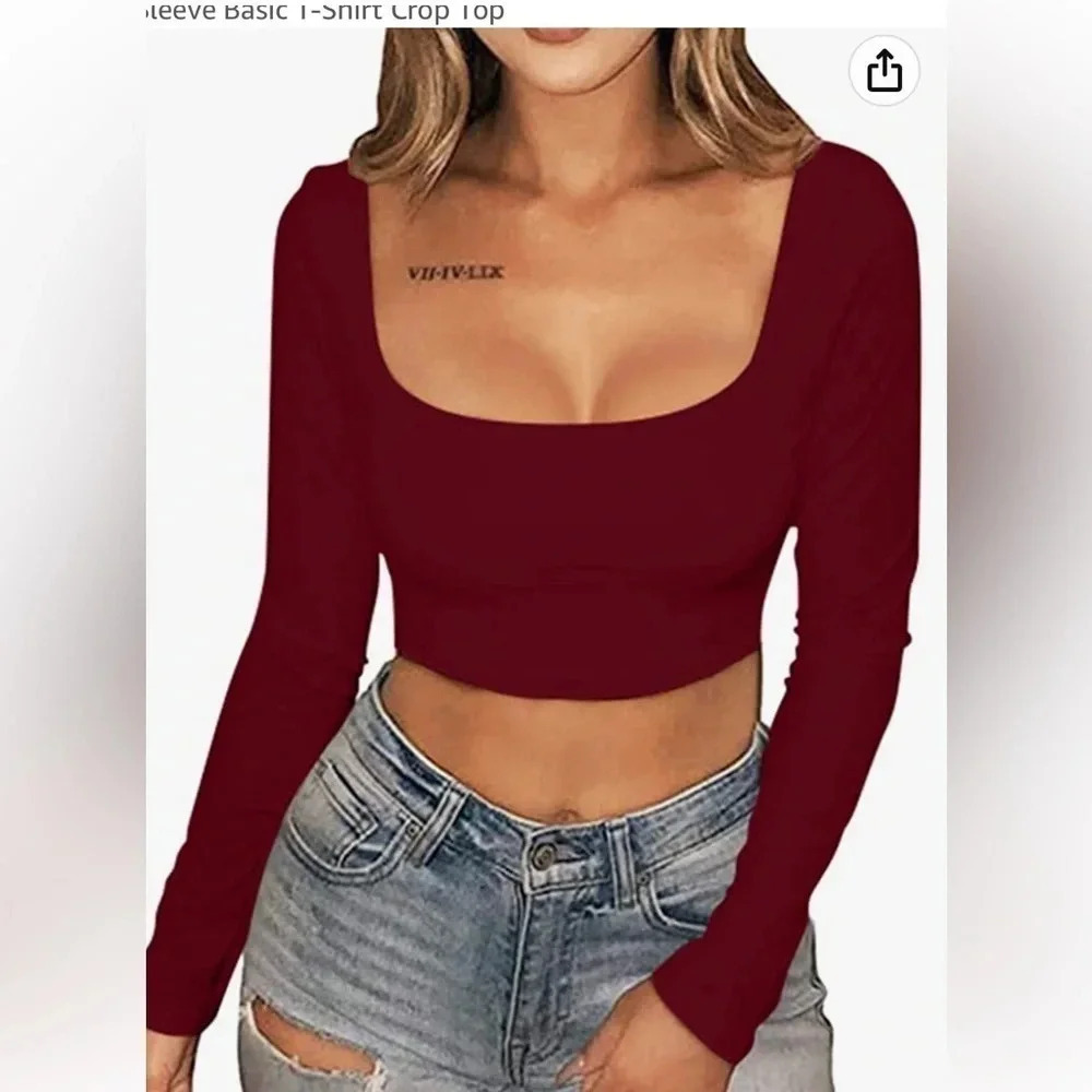 Zara cropped top size medium square neck maroon, red long sleeve